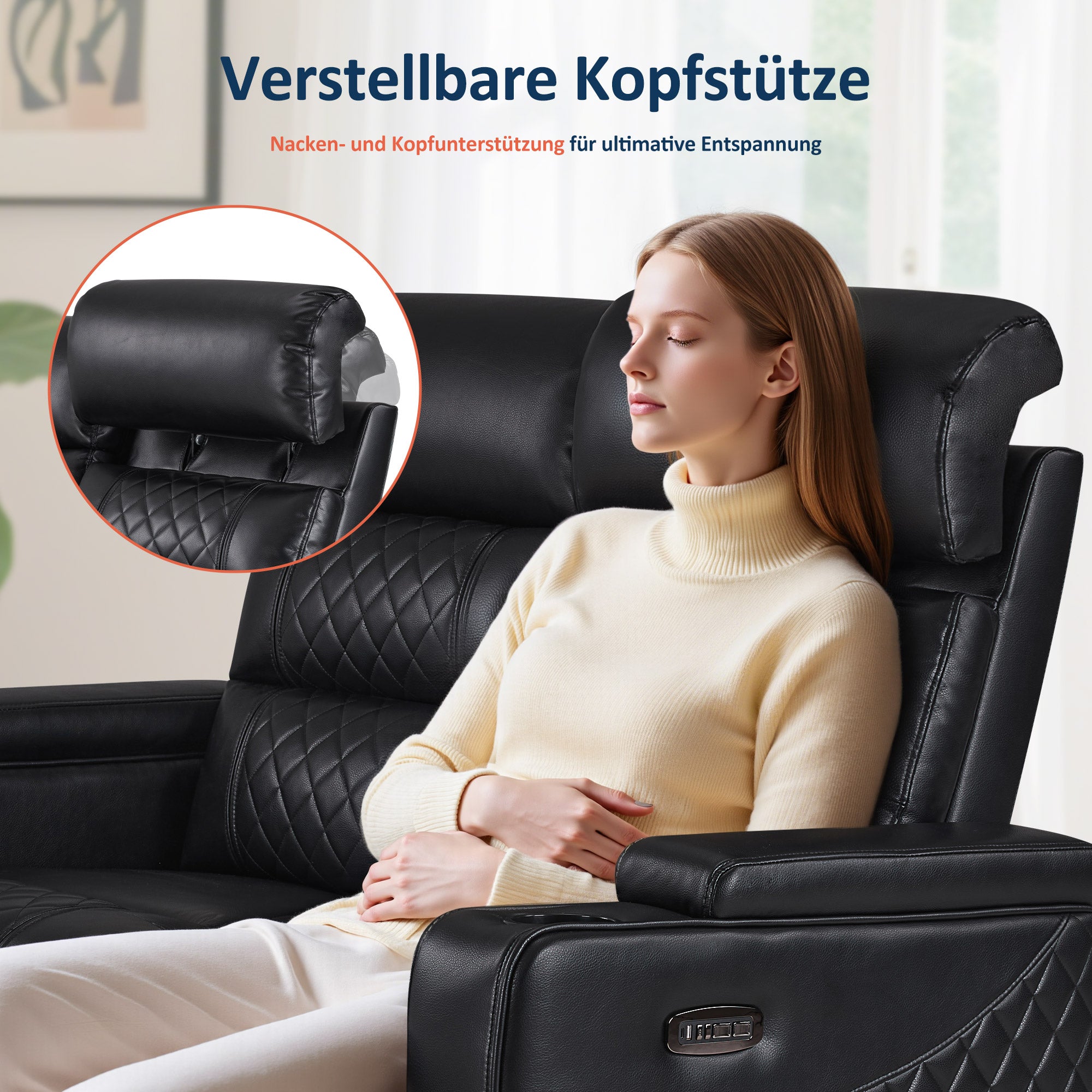 M MCombo  2 Sitzer Sofa mit Schlaffunktion, Relaxsofa 2 Sitzer mit verstellbare Kopfstütze, 2er Kinosessel mit USB & Type-C Anschlüsse, Armlehnen-Aufbewahrung & LED Beleuchtung, 7705 Schwarz