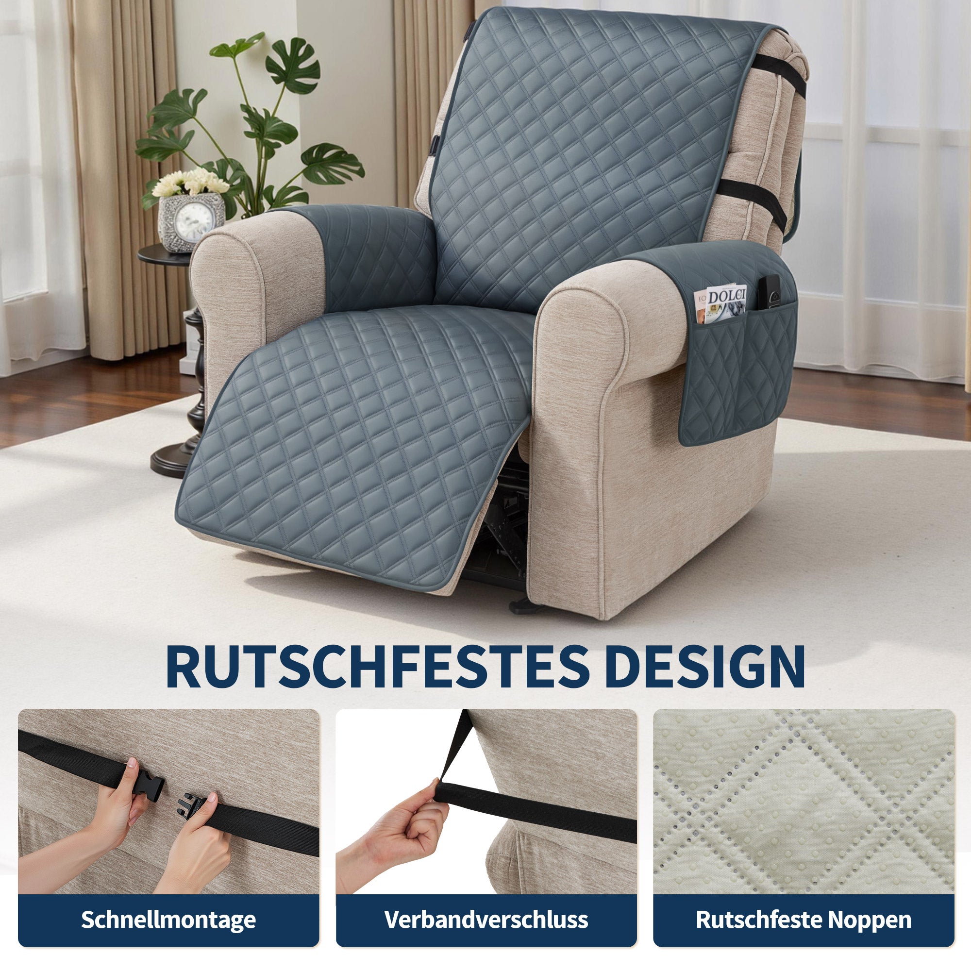 M MCombo Sesselschoner für Relaxsessel, Wasserdicht & Anti-Rutsch, Warmer und Weicher Sesselbezug mit Armlehne & Taschen, Kratzfester Sesselüberwurf Fernsehsessel C1815 (Grau/Samt)