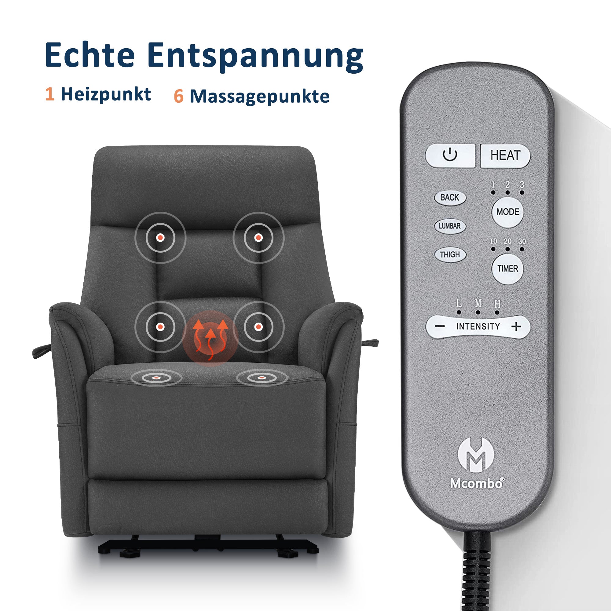 M MCombo Relaxing Chair Electrically Adjustable, TV Chair 3 cm Close to the Wall, Relaxing Chair Massage Chair with Reclining Function, TV Chair for Tight Spaces, USB &amp; Type-C Ports &amp; Lumbar Cushion, Living Room, 7063
