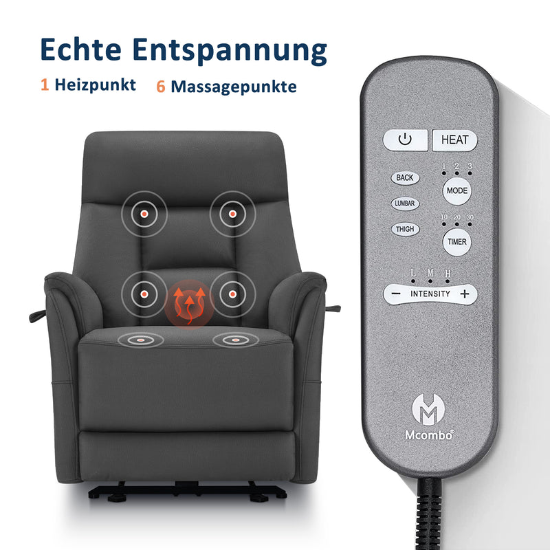 M MCombo Relaxsessel Elektrisch Verstellbar, Fernsehsessel 3 cm Wandnah, Relaxsessel Massagesessel mit Liegefunktion, TV Sessel für Enge Räume, USB & Typ-C Anschlüsse & Lendenkissen, Wohnzimmer, 7063