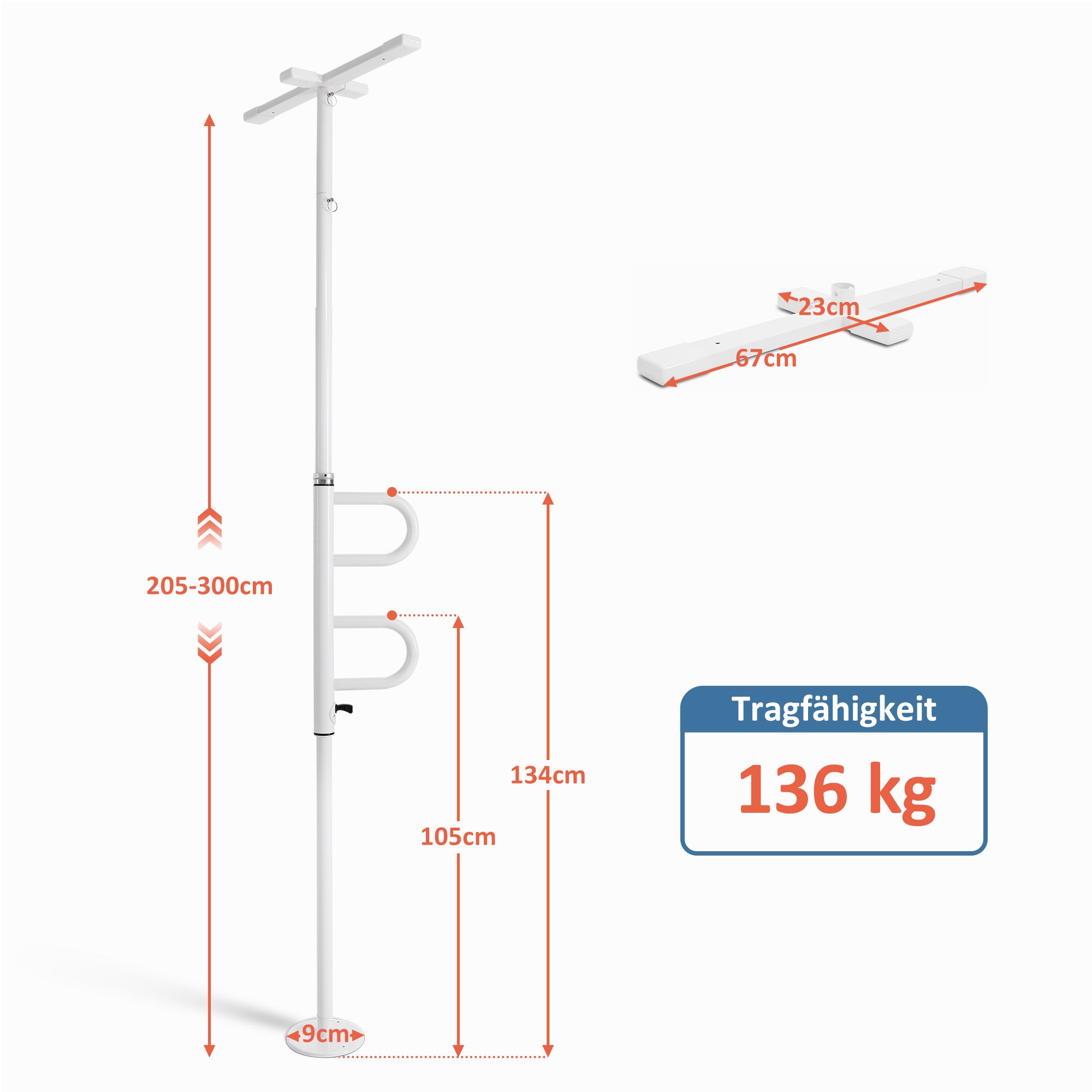 M Mcombo Sicherheitsstange 205-300CM Höhenverstellbar, mit 2 Haltegriffen Drehbar, Haltestange vom Boden bis zur Decke, Aufstehhilfe Senioren & Toilette 136kg Tragbar TD01CW (Weiß）