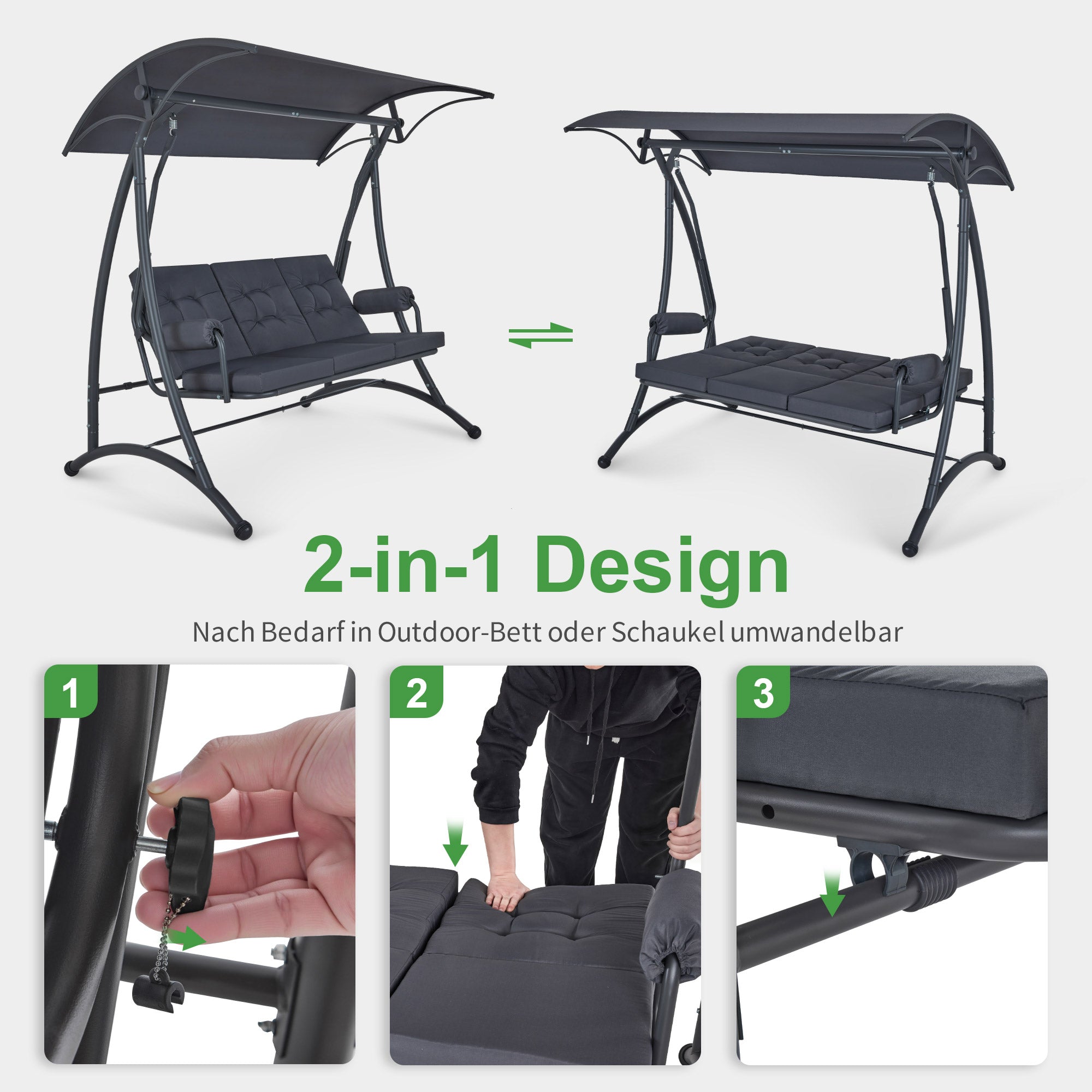M MCombo 3-Sitzer Hollywoodschaukel mit Liegefunktion, 3 Extradickem Sitzkissen & Silent-Haken, Ruhige Gartenschaukel bis 300kg Belastbar, 193x119x185 cm, Schaukelbank Outdoor Wetterfest 4025 (grau)