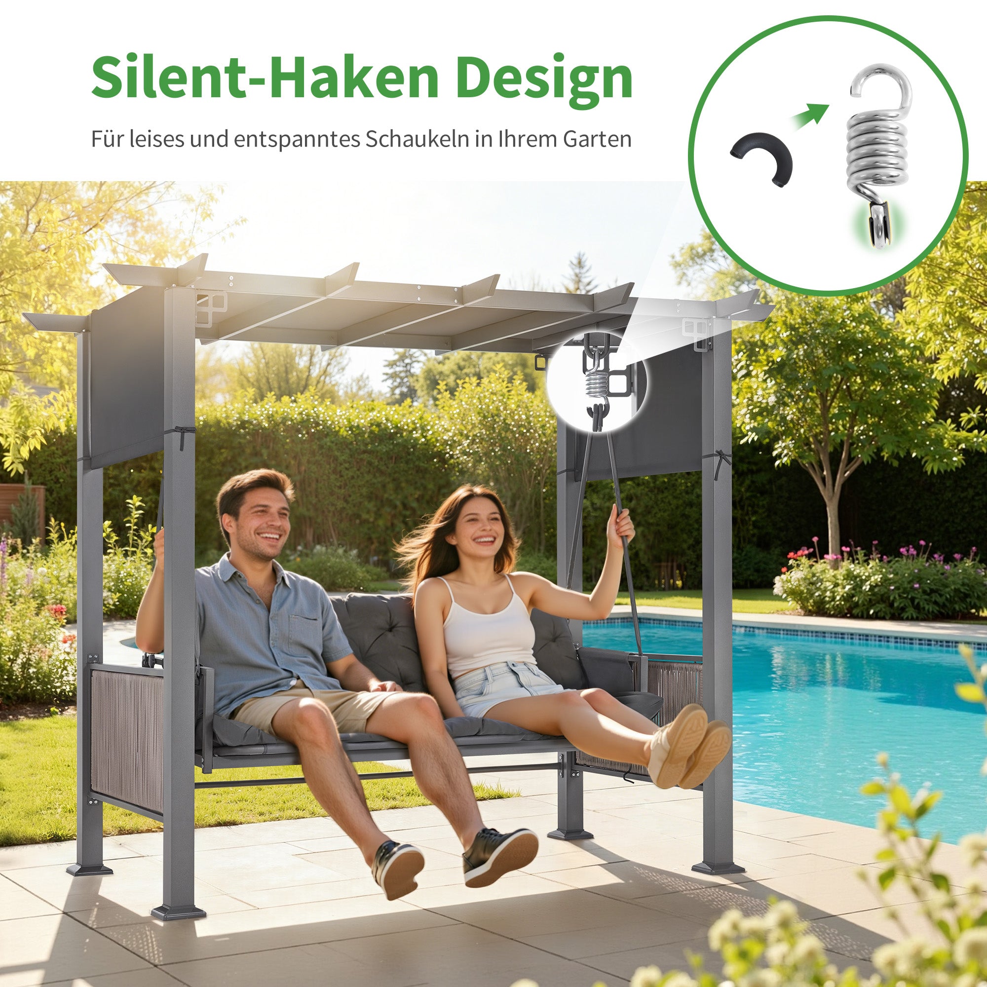 M MCombo 3-Sitzer Pergola Hollywoodschaukel mit Liegefunktion & Gartenpavillon, Gartenschaukel mit Ausziehbarem Sonnendach, 8CM Extradickem Sitzkissen & Silent-Haken, Schaukelbank 4067 (grau)