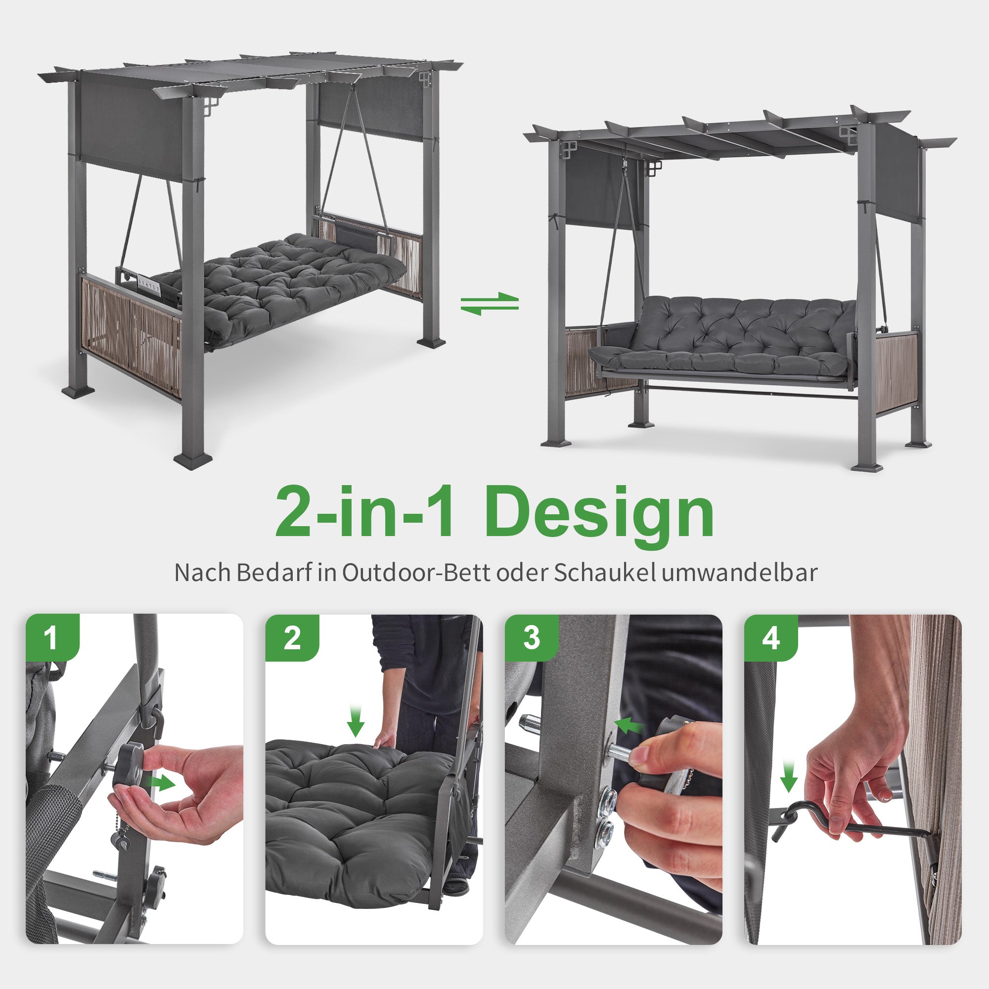 M MCombo 3-Sitzer Pergola Hollywoodschaukel mit Liegefunktion & Gartenpavillon, Gartenschaukel mit Ausziehbarem Sonnendach, 8CM Extradickem Sitzkissen & Silent-Haken, Schaukelbank 4067 (grau)