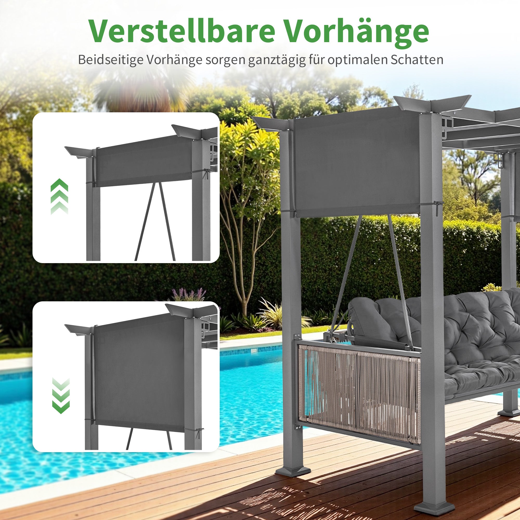 M MCombo 3-Sitzer Pergola Hollywoodschaukel mit Liegefunktion & Gartenpavillon, Gartenschaukel mit Ausziehbarem Sonnendach, 8CM Extradickem Sitzkissen & Silent-Haken, Schaukelbank 4067 (grau)