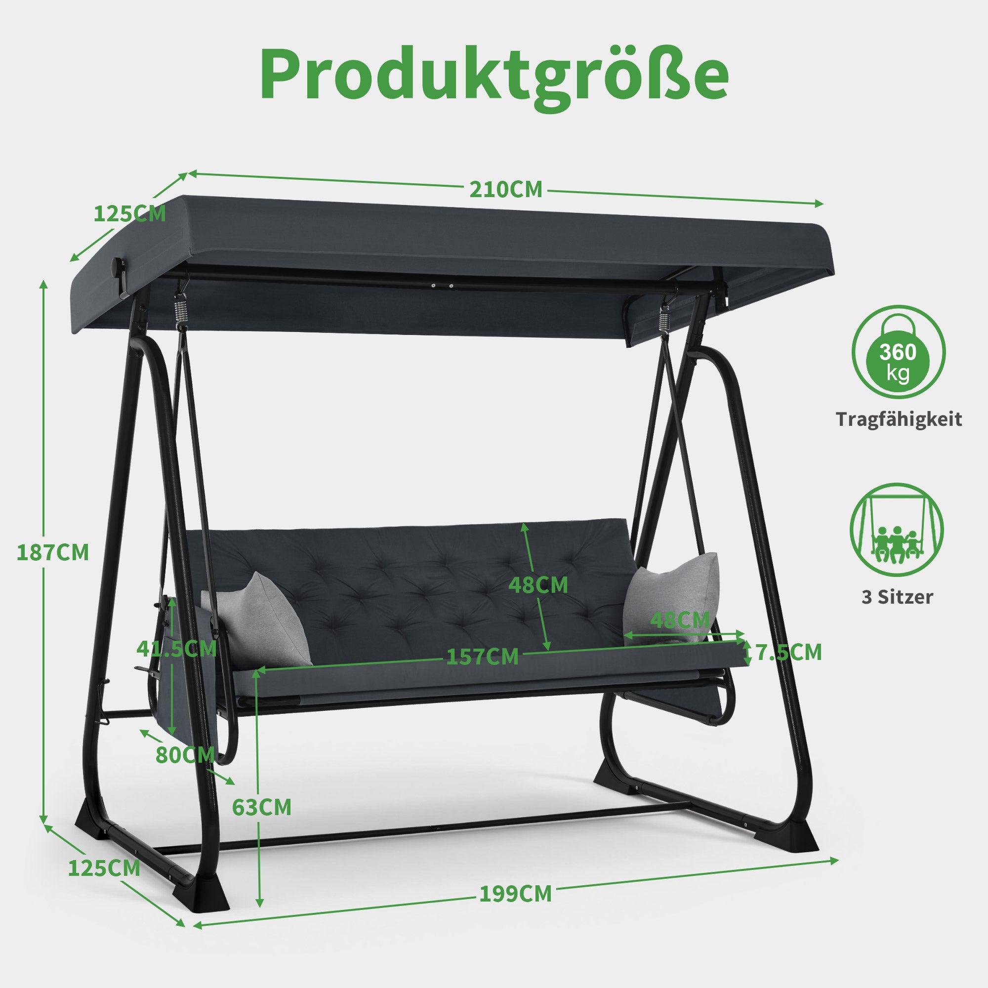 M MCombo Balancelle de jardin 3 places avec fonction inclinable, coussin d'assise extra épais et crochets silencieux, supporte jusqu'à 360 kg, 210 x 125 x 187 cm, banc de jardin extérieur résistant aux intempéries 4071 (gris foncé)