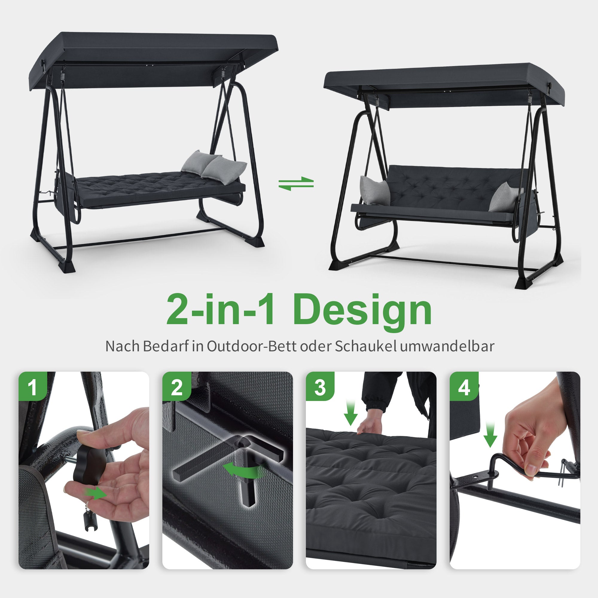 M MCombo Balancelle de jardin 3 places avec fonction inclinable, coussin d'assise extra épais et crochets silencieux, supporte jusqu'à 360 kg, 210 x 125 x 187 cm, banc de jardin extérieur résistant aux intempéries 4071 (gris foncé)