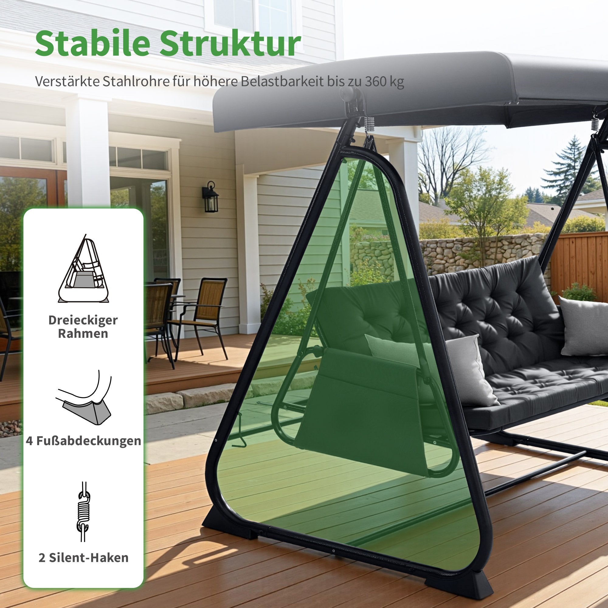 M MCombo Balancelle de jardin 3 places avec fonction inclinable, coussin d'assise extra épais et crochets silencieux, supporte jusqu'à 360 kg, 210 x 125 x 187 cm, banc de jardin extérieur résistant aux intempéries 4071 (gris foncé)