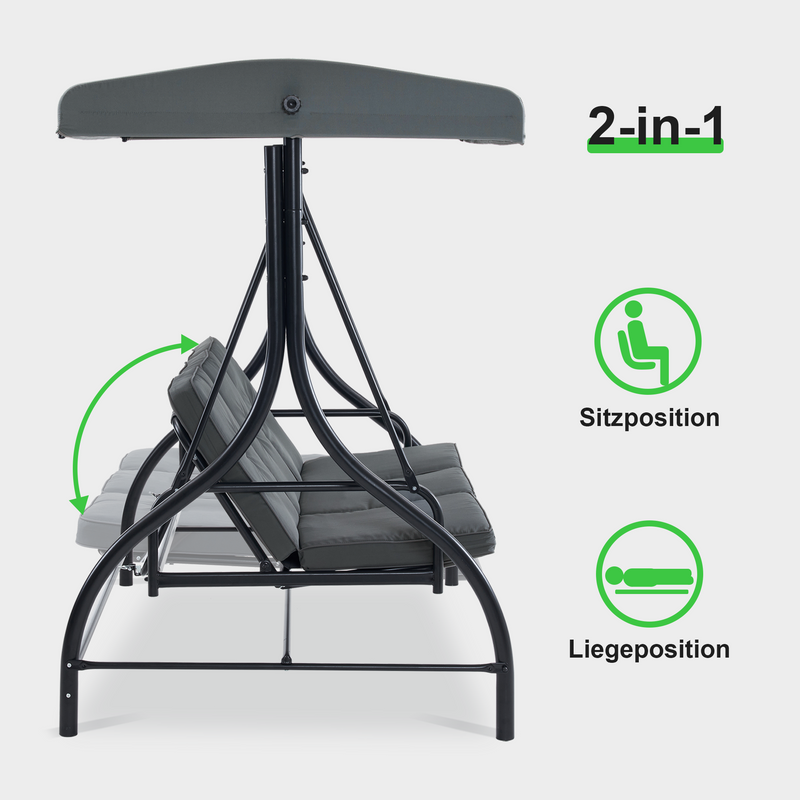 M MCombo Hollywoodschaukel mit Liegefunktion, Gartenschaukel 3 Sitzer wetterfest, Outdoor Schaukelbank mit verstellbarem Dach, 187*118*175 cm, 4088 (Dunkgelgrau)
