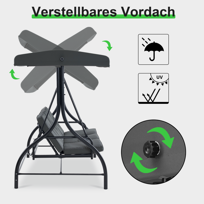 M MCombo Hollywoodschaukel mit Liegefunktion, Gartenschaukel 3 Sitzer wetterfest, Outdoor Schaukelbank mit verstellbarem Dach, 187*118*175 cm, 4088 (Dunkgelgrau)