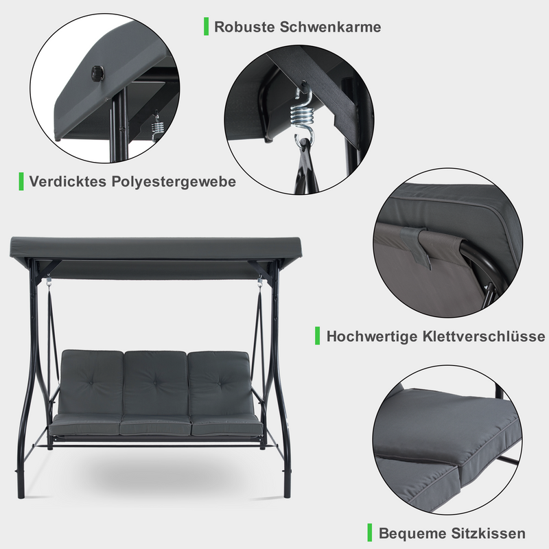 M MCombo Hollywoodschaukel mit Liegefunktion, Gartenschaukel 3 Sitzer wetterfest, Outdoor Schaukelbank mit verstellbarem Dach, 187*118*175 cm, 4088 (Dunkgelgrau)