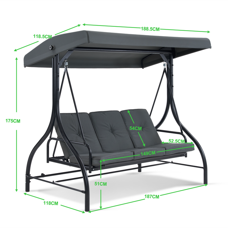 M MCombo Hollywoodschaukel mit Liegefunktion, Gartenschaukel 3 Sitzer wetterfest, Outdoor Schaukelbank mit verstellbarem Dach, 187*118*175 cm, 4088 (Dunkgelgrau)
