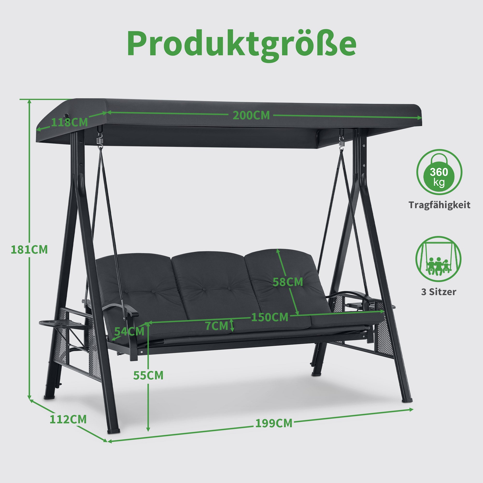 M MCombo 3-seater porch swing with reclining function, adjustable sunroof &amp; cup holder, garden swing up to 360 kg load capacity, outdoor swing bench, weatherproof 204 x 118 x 181 cm 4093 (dark grey)
