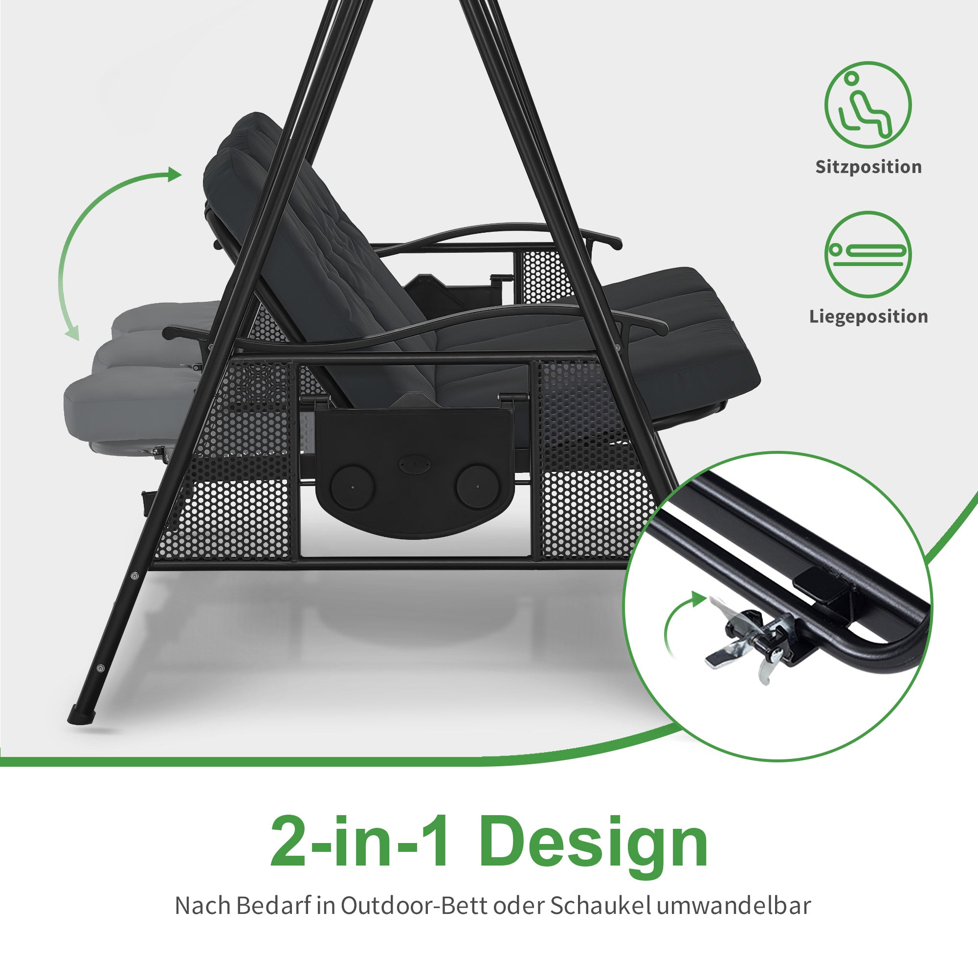 M MCombo 3-seater porch swing with reclining function, adjustable sunroof &amp; cup holder, garden swing up to 360 kg load capacity, outdoor swing bench, weatherproof 204 x 118 x 181 cm 4093 (dark grey)