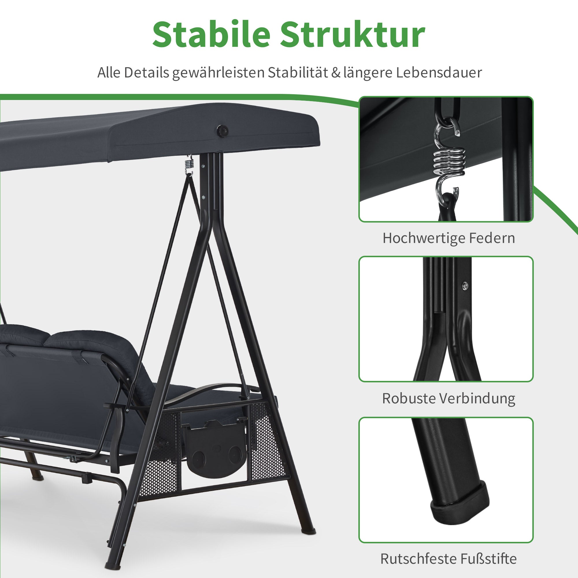 M MCombo 3-seater porch swing with reclining function, adjustable sunroof &amp; cup holder, garden swing up to 360 kg load capacity, outdoor swing bench, weatherproof 204 x 118 x 181 cm 4093 (dark grey)
