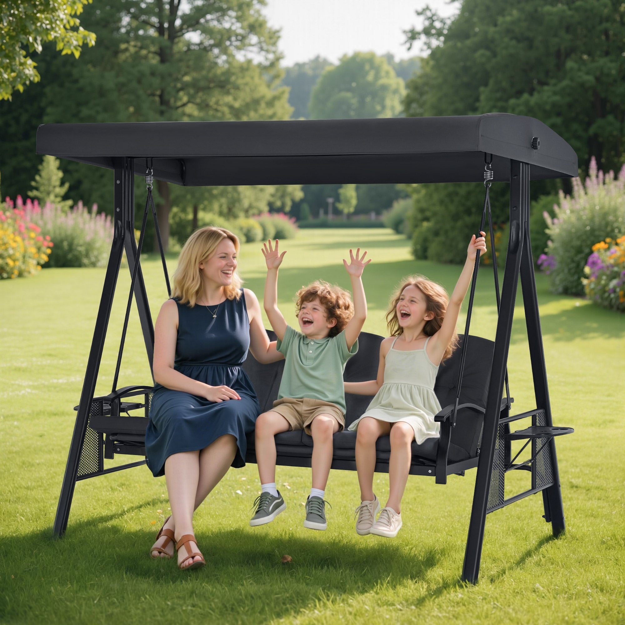 M MCombo 3-seater porch swing with reclining function, adjustable sunroof &amp; cup holder, garden swing up to 360 kg load capacity, outdoor swing bench, weatherproof 204 x 118 x 181 cm 4093 (dark grey)