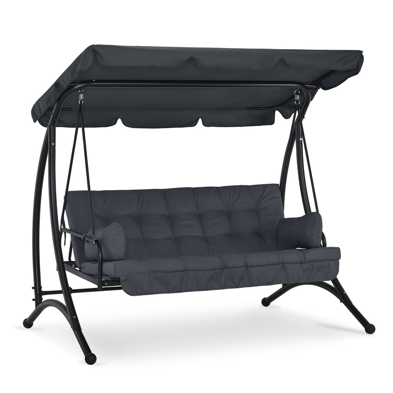 M MCombo 3-Sitzer Hollywoodschaukel mit Liegefunktion, mit Extradickem Sitzkissen & Sonnendach, Gartenschaukel bis 300kg Belastbar, 201x125x173 cm, Schaukelbank Outdoor Wetterfest 4095 (grau)