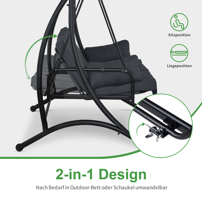 M MCombo 3-Sitzer Hollywoodschaukel mit Liegefunktion, mit Extradickem Sitzkissen & Sonnendach, Gartenschaukel bis 300kg Belastbar, 201x125x173 cm, Schaukelbank Outdoor Wetterfest 4095 (grau)