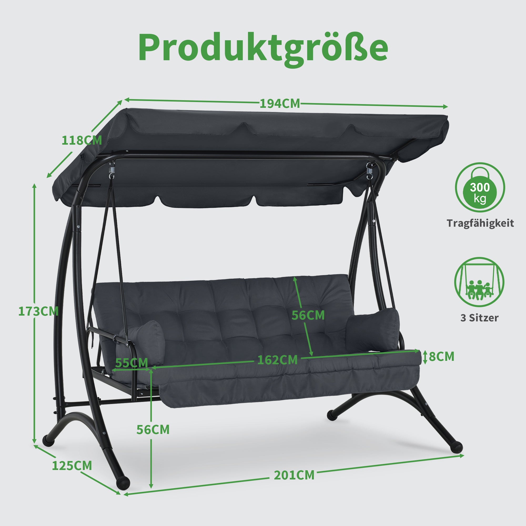 M MCombo 3-seater porch swing with reclining function, with extra-thick seat cushion &amp; sunroof, garden swing up to 300 kg load capacity, 201 x 125 x 173 cm, outdoor swing bench, weatherproof 4095 (grey)