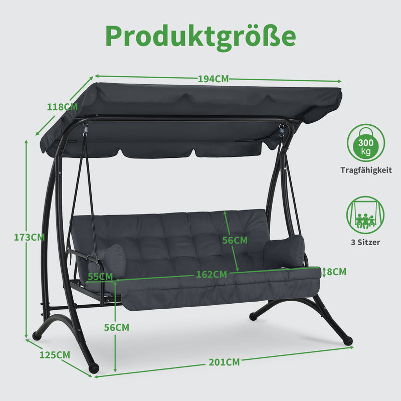 M MCombo 3-Sitzer Hollywoodschaukel mit Liegefunktion, mit Extradickem Sitzkissen & Sonnendach, Gartenschaukel bis 300kg Belastbar, 201x125x173 cm, Schaukelbank Outdoor Wetterfest 4095 (grau)
