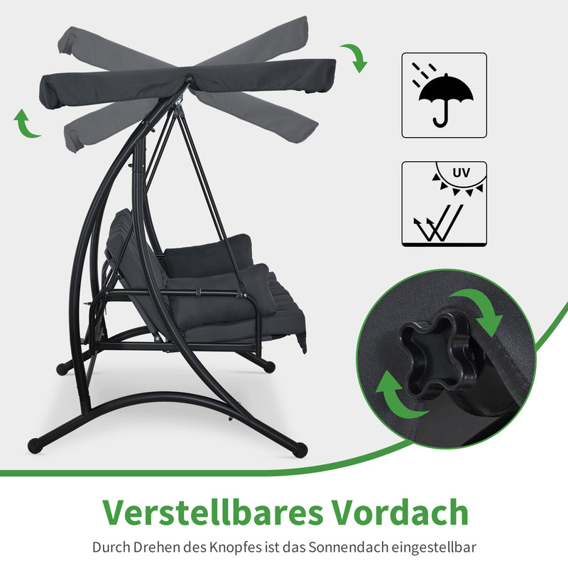 M MCombo 3-Sitzer Hollywoodschaukel mit Liegefunktion, mit Extradickem Sitzkissen & Sonnendach, Gartenschaukel bis 300kg Belastbar, 201x125x173 cm, Schaukelbank Outdoor Wetterfest 4095 (grau)
