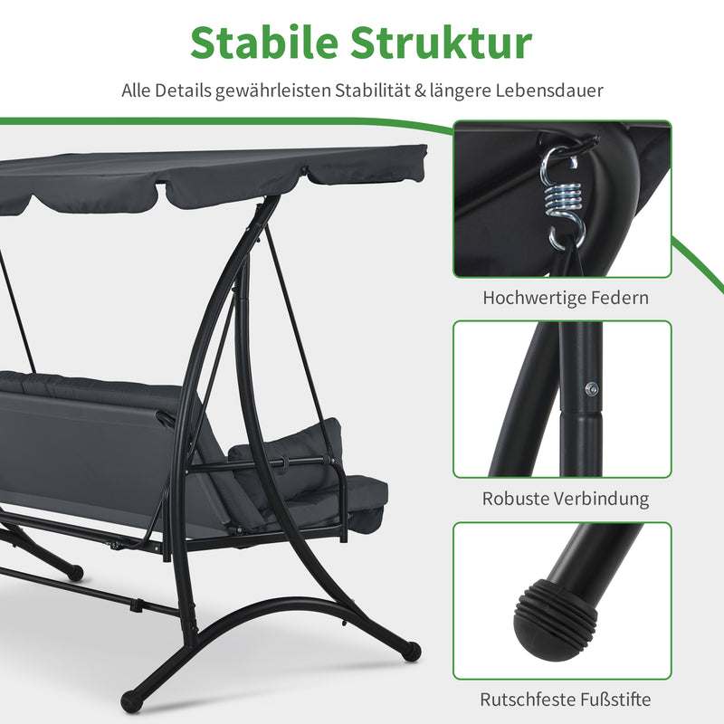M MCombo 3-Sitzer Hollywoodschaukel mit Liegefunktion, mit Extradickem Sitzkissen & Sonnendach, Gartenschaukel bis 300kg Belastbar, 201x125x173 cm, Schaukelbank Outdoor Wetterfest 4095 (grau)
