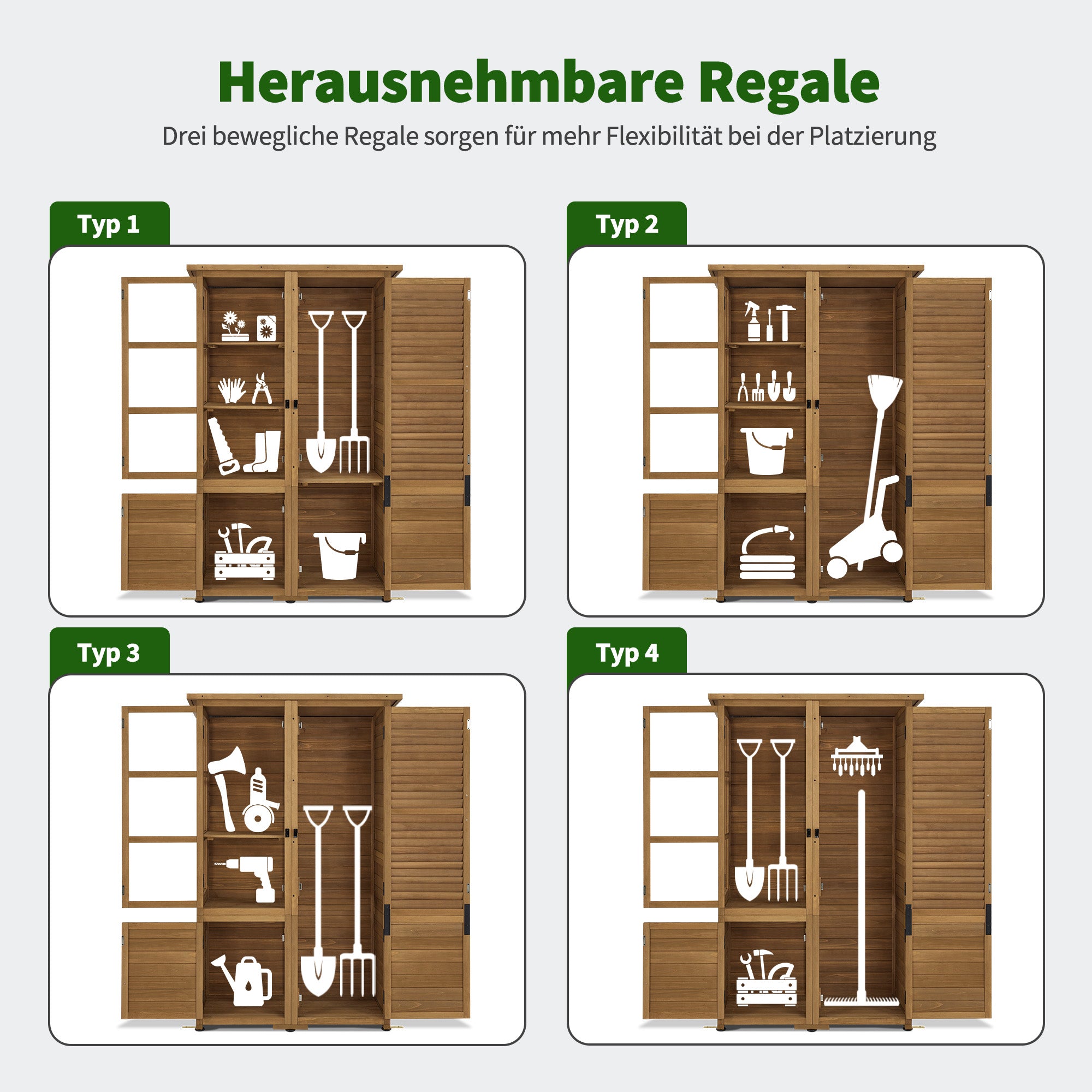 M MCombo Gartenschrank Gartenhaus Holz Wetterfest, Gerätehaus Garten Outdoor Wasserdicht, für Außenbereich Balkon Terrasse, Gartenhütte mit 3 Herausnehmbaren Ablagen 55×110×175 cm, 0130D (Natur)