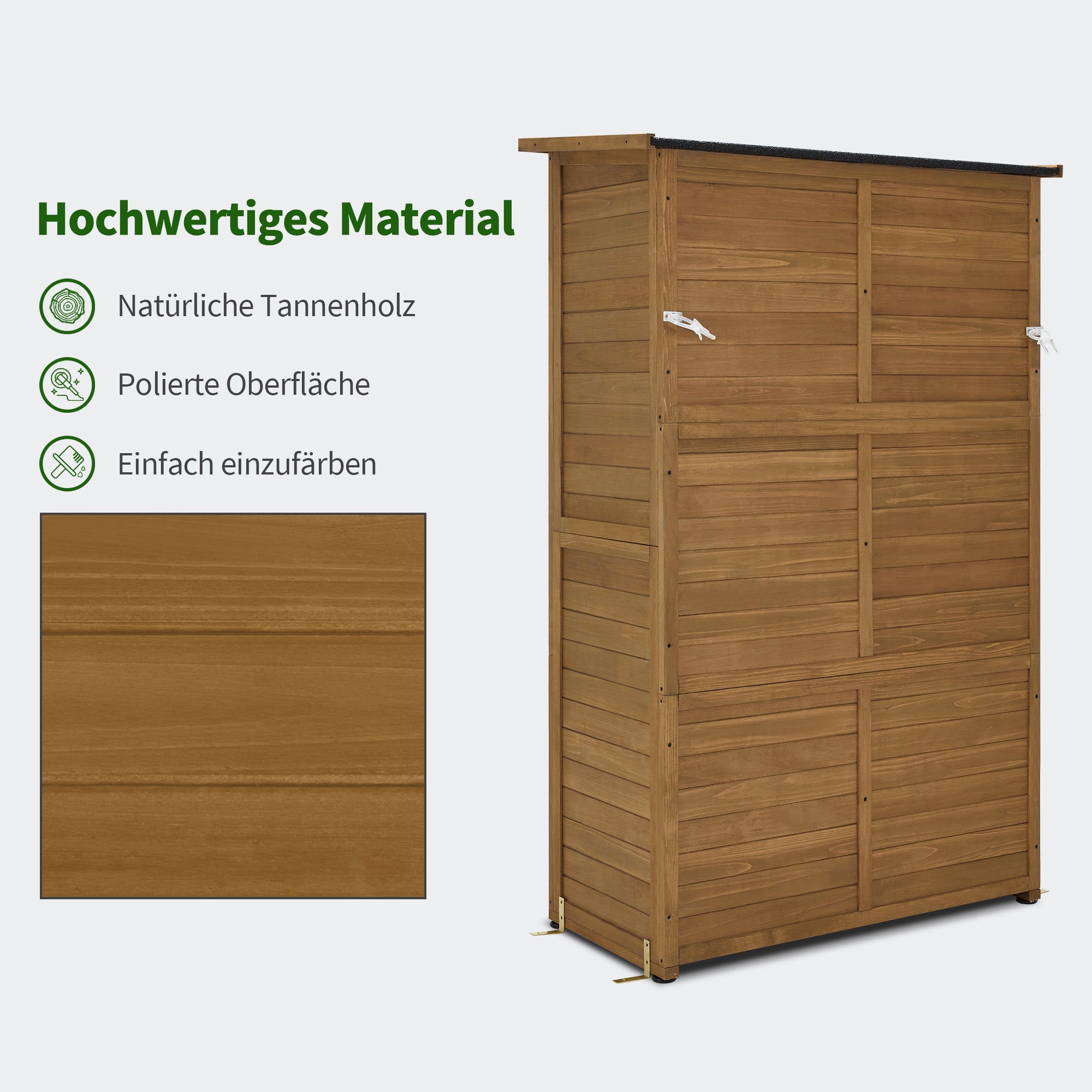 M MCombo Gartenschrank Gartenhaus Holz Wetterfest, Gerätehaus Garten Outdoor Wasserdicht, für Außenbereich Balkon Terrasse, Gartenhütte mit 3 Herausnehmbaren Ablagen 55×110×175 cm, 0130D (Natur)
