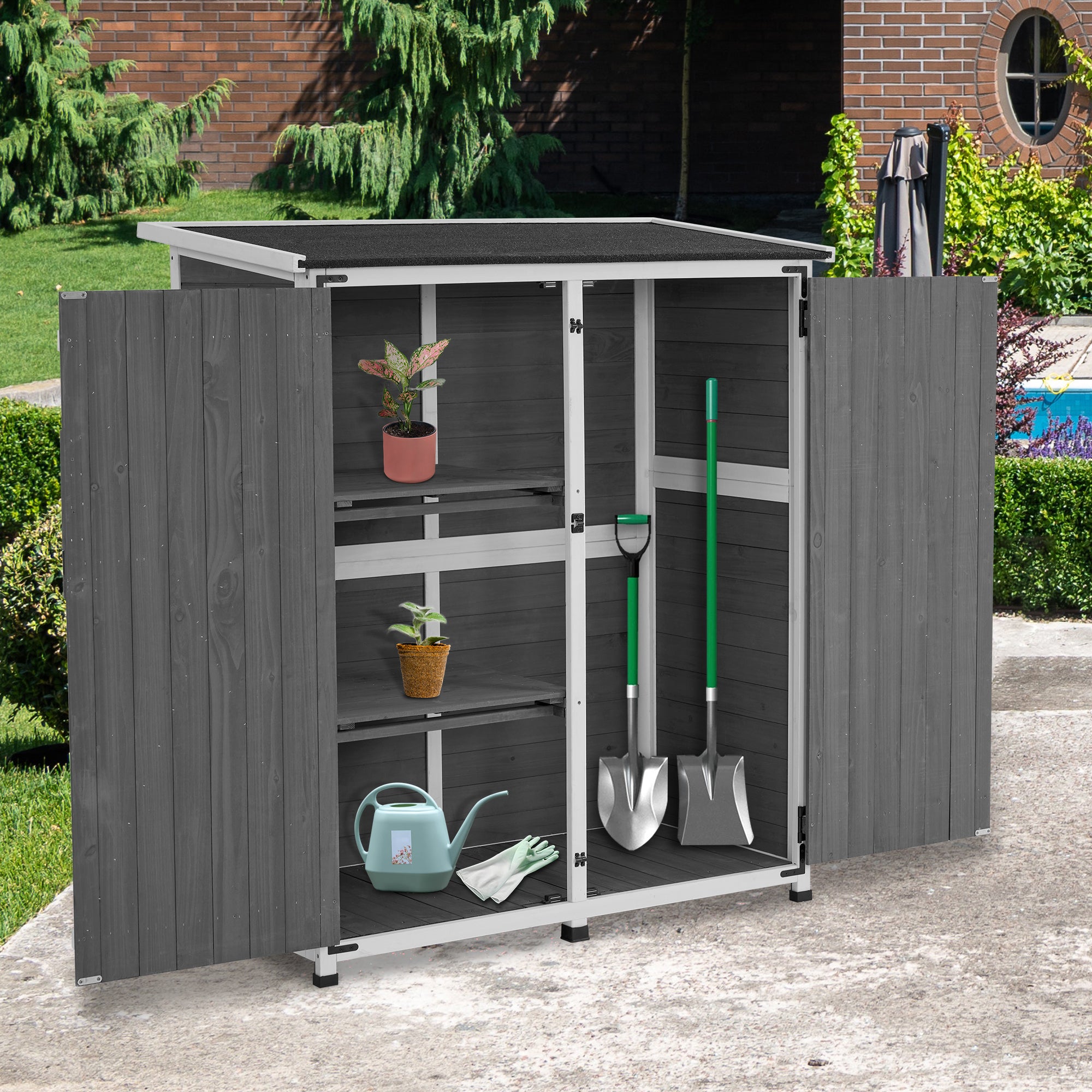 M MCombo Gartenschrank Holz Wetterfest, Klein Outdoor Gartenhaus Gerätehaus, für Außenbereich & Balkon & Terrasse, 122×60×137cm, 0707 (Natur/Grau)
