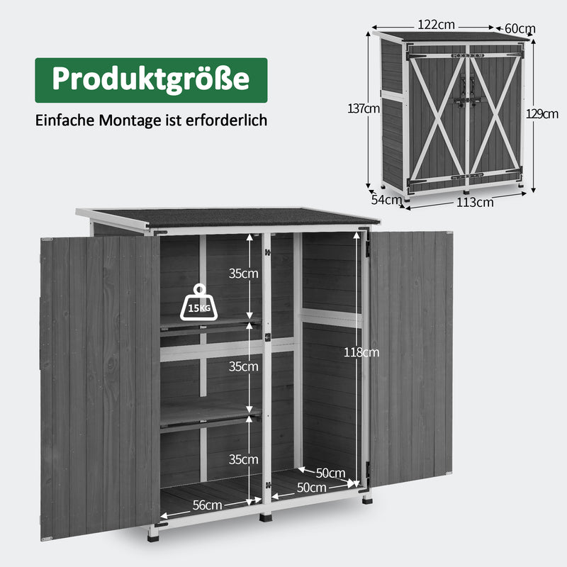 M MCombo Gartenschrank Holz Wetterfest, Klein Outdoor Gartenhaus Gerätehaus, für Außenbereich & Balkon & Terrasse, 122×60×137cm, 0707 (Natur/Grau)