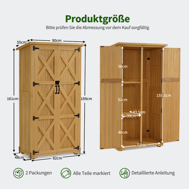M MCombo Gartenschrank Holz, Gartenhaus Klein Wetterfest, Outdoor Gerätehaus Geräteschuppen, für Außenbereich Balkon Terrasse, 90×55×169cm, 0878