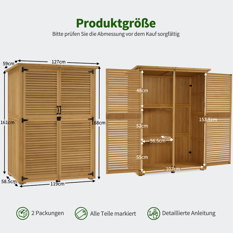 M MCombo Gartenschrank Holz, Gartenhaus Klein Wetterfest, Outdoor Gerätehaus Geräteschuppen, für Außenbereich Balkon Terrasse, 127×59×168 cm, 0901D (Natur)