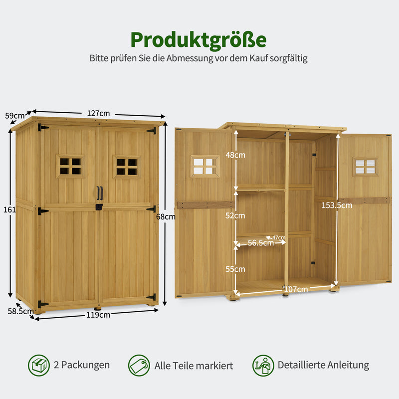 M MCombo Gartenschrank Holz, Gartenhaus Klein Wetterfest, Outdoor Gerätehaus Geräteschuppen, für Außenbereich Balkon Terrasse, 59×127×168 cm, 0912-F