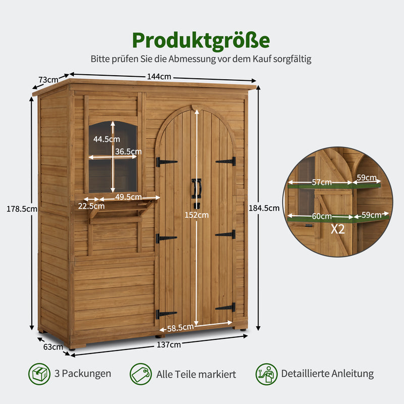M MCombo Gartenschrank Geräteschuppen Holz Wetterfest, Gartenhaus Outdoor Wasserdicht Begehbar für Außenbereich Balkon Terrasse, Aufbewahrungsschrank mit 3 Regale 73×144×185 cm 0926D (Natur)
