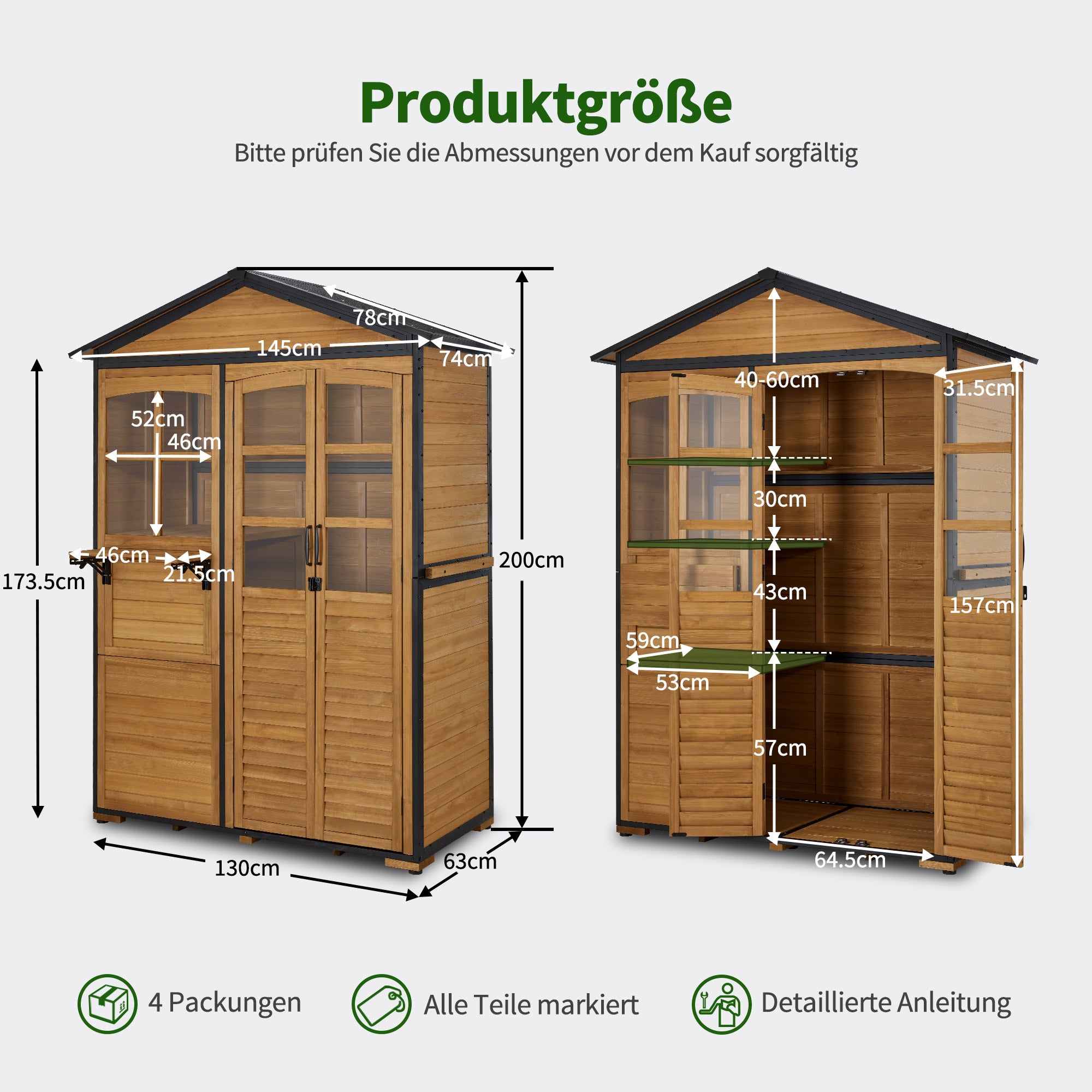 M MCombo Gartenschrank Holz Metgallgestell mit 3 Ablagen, Geräteschuppen Wetterfest, Gartenhaus Outdoor Wasserdicht, Aufbewahrungsschrank für Außenbereich, Garten & Terrasse 74x145 x200cm, 0937
