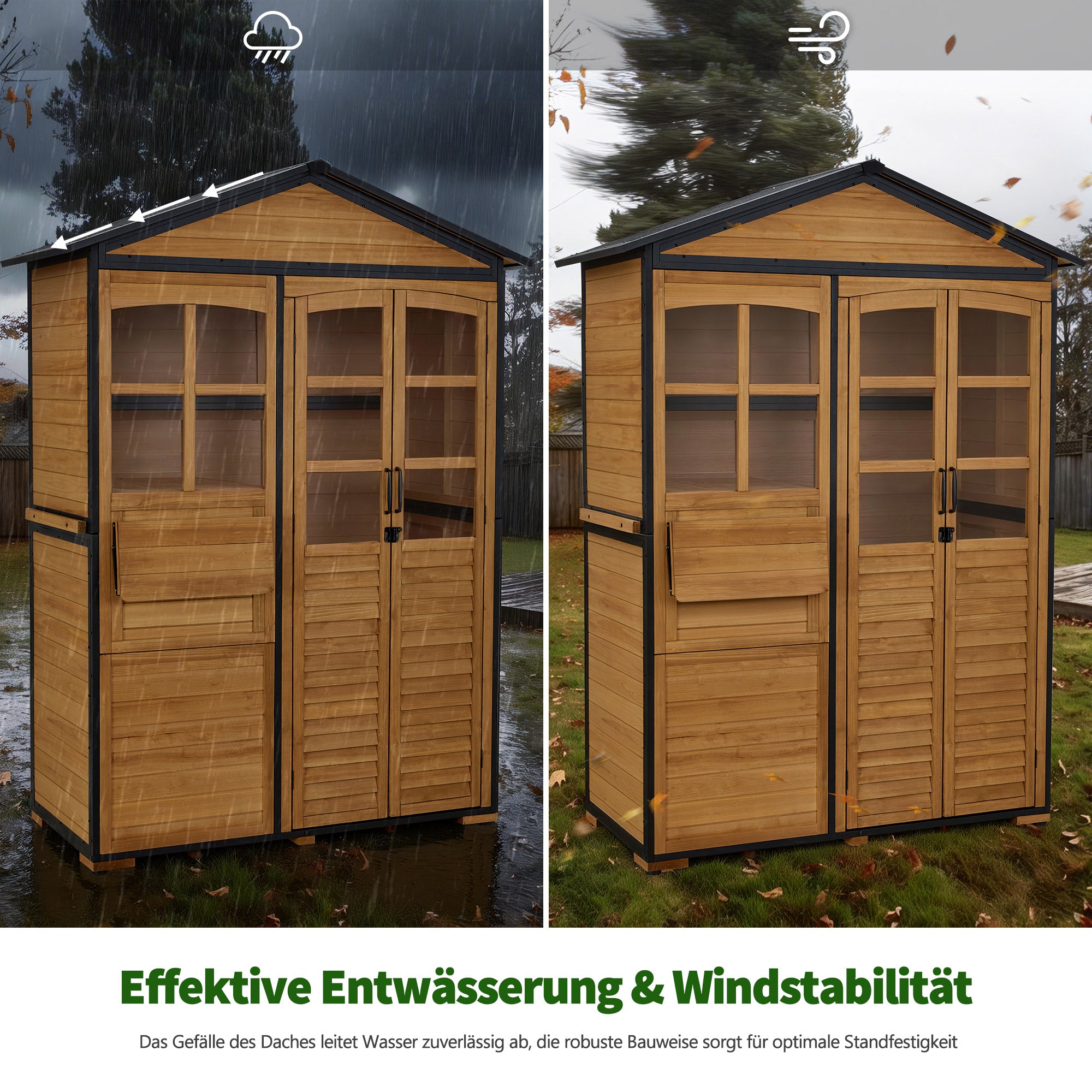 M MCombo Gartenschrank Holz Metgallgestell mit 3 Ablagen, Geräteschuppen Wetterfest, Gartenhaus Outdoor Wasserdicht, Aufbewahrungsschrank für Außenbereich, Garten & Terrasse 74x145 x200cm, 0937