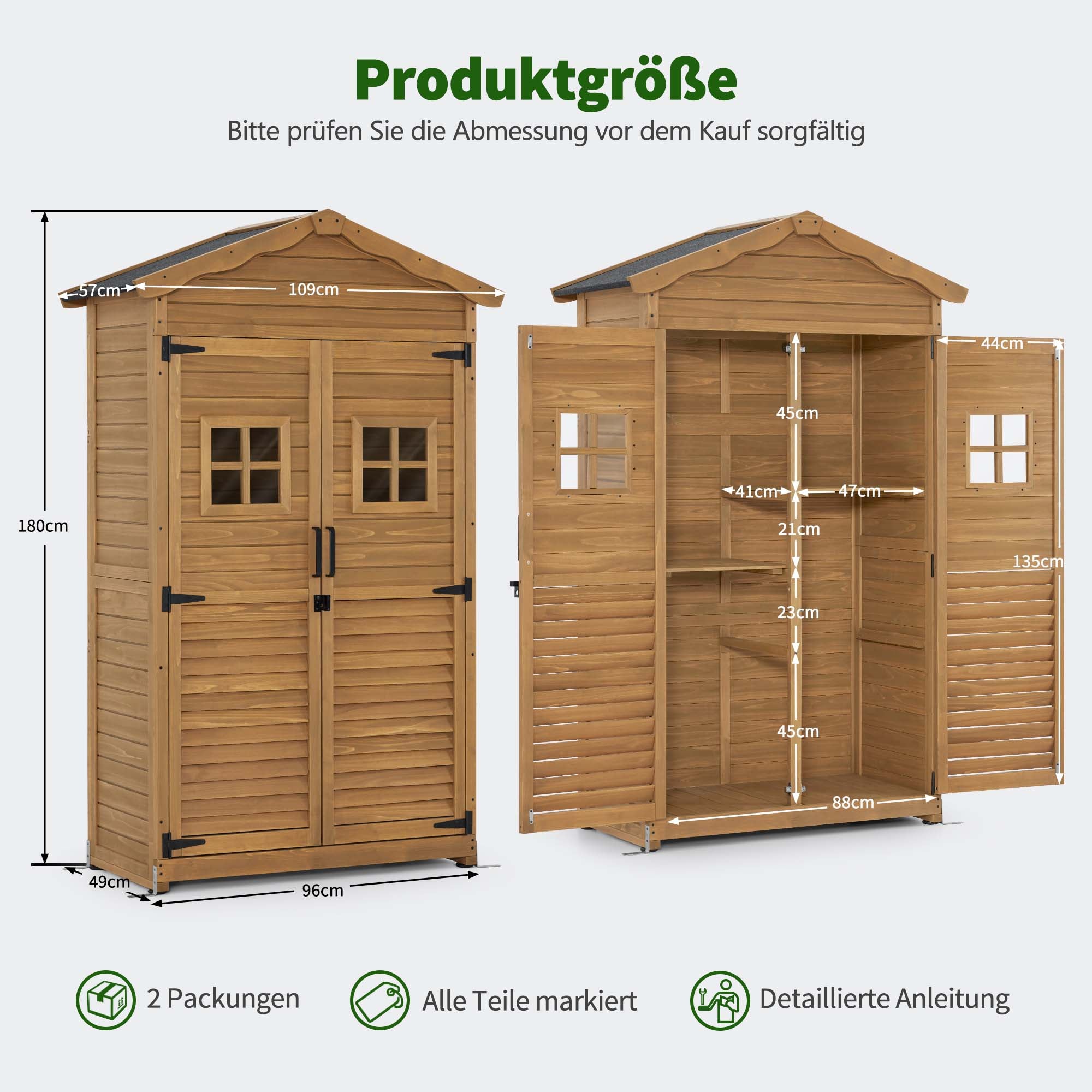 M MCombo Garden Cabinet Garden House Wooden Weatherproof, Tool Cabinet Outdoor Tool Shed for Outdoor Garden Patio, Tool Shed with 2 Movable Shelves, 57×109×180 cm, 1152 (Natural)