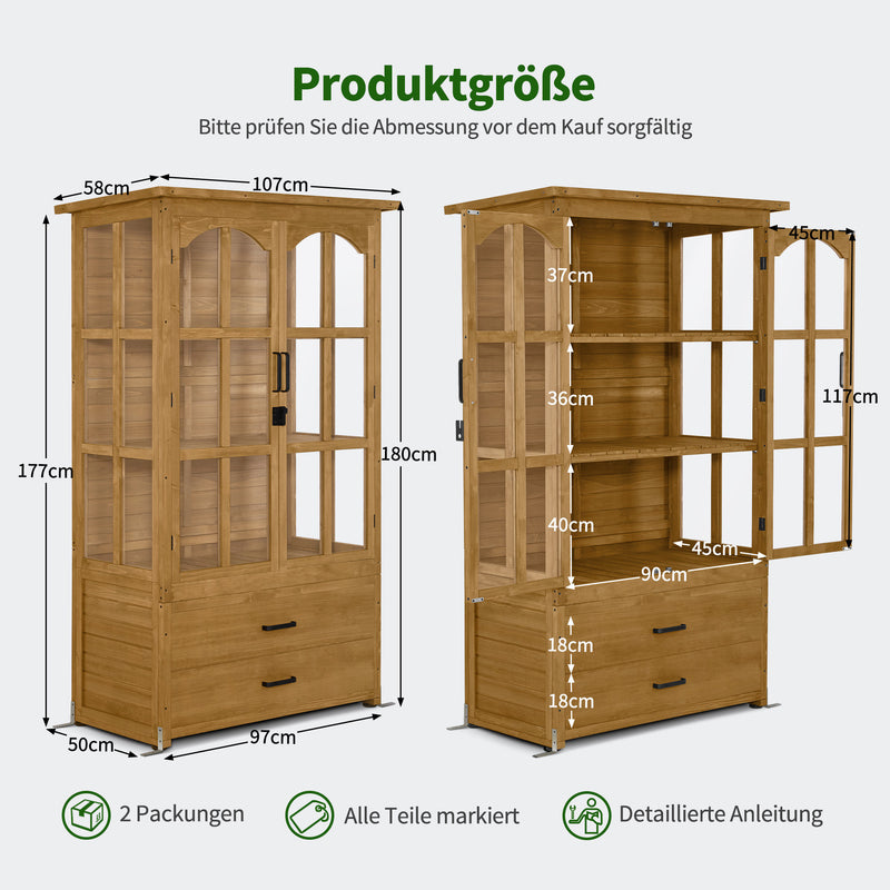 M MCombo Gartenschrank Gartenhaus Holz Wetterfest, Geräteschrank Gerätehaus Outdoor, für Außenbereich Balkon Terrasse, Gartenhütte mit 2 Bewegliche Regale, 58×107×180 cm, 1155 (Natur)