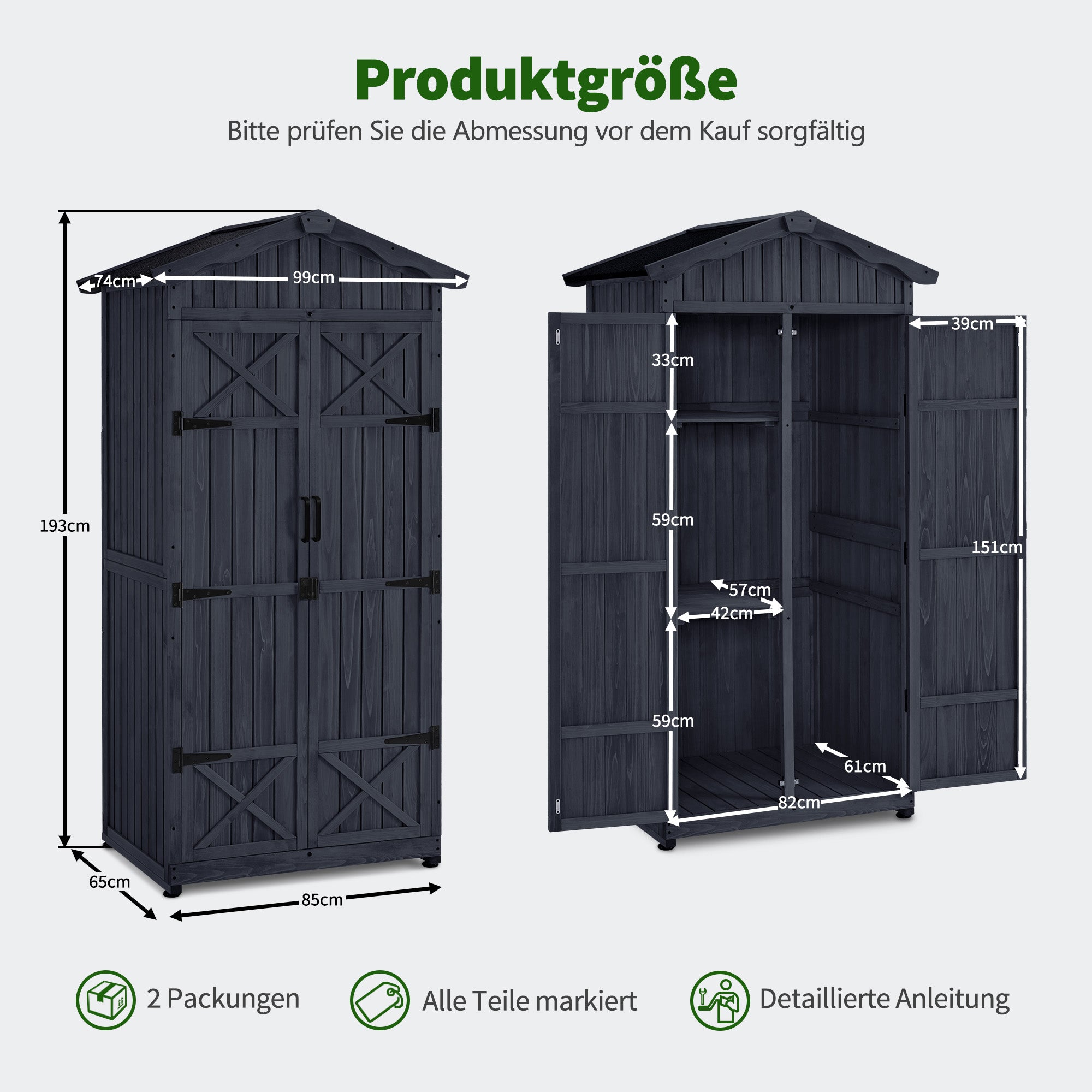 M MCombo Garden Cabinet Garden House Wooden Weatherproof, Outdoor Waterproof Cabinet with Floor, for Outdoor Balcony Terrace, Storage Cabinet with 2 Movable Shelves 74×99×193 cm, 1165 (Anthracite Gray)