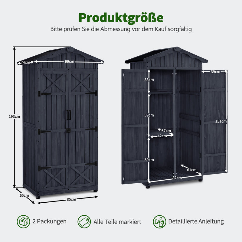 M MCombo Gartenschrank Gartenhaus Holz Wetterfest, Outdoor Wasserdicht Schrank mit Boden, für Außenbereich Balkon Terrasse, Aufbewahrungsschrank mit 2 Bewegliche Regale 74×99×193 cm (Anthrazitgrau)