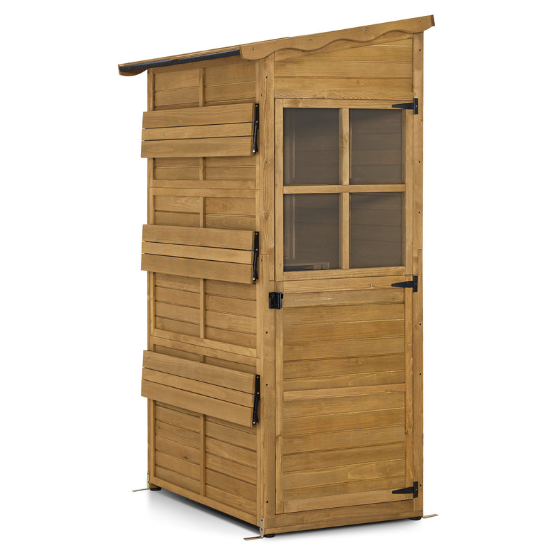 M MCombo Gartenschrank Gartenhaus Holz Wetterfest, Outdoor Schrank Wetterfest, Geräteschuppen Begehbar, für Außenbereich Balkon & Terrasse, Gerätehaus mit 3 feste Regale, 120×86×201 cm, 1753 (Natur)