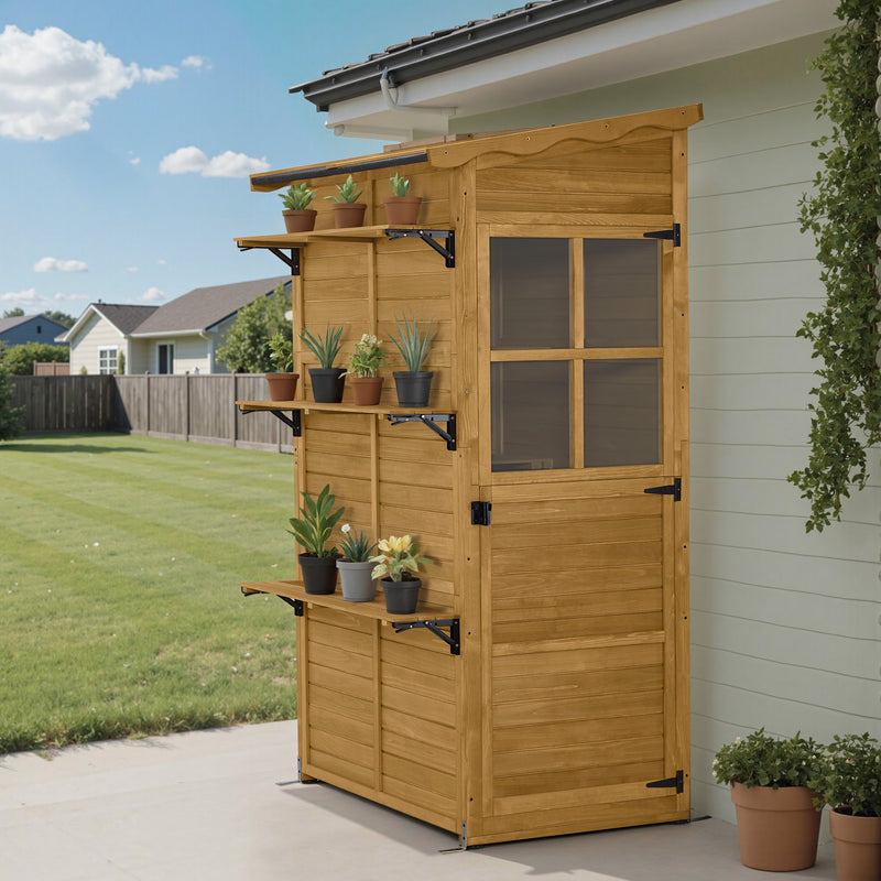 M MCombo Gartenschrank Gartenhaus Holz Wetterfest, Outdoor Schrank Wetterfest, Geräteschuppen Begehbar, für Außenbereich Balkon & Terrasse, Gerätehaus mit 3 feste Regale, 120×86×201 cm, 1753 (Natur)