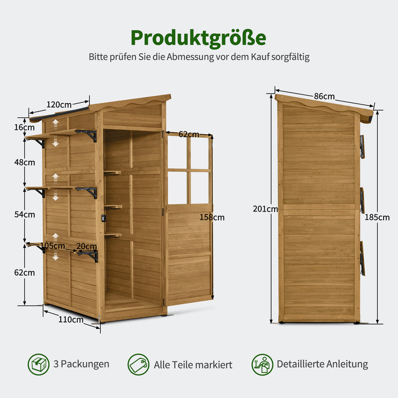 M MCombo Gartenschrank Gartenhaus Holz Wetterfest, Outdoor Schrank Wetterfest, Geräteschuppen Begehbar, für Außenbereich Balkon & Terrasse, Gerätehaus mit 3 feste Regale, 120×86×201 cm, 1753 (Natur)