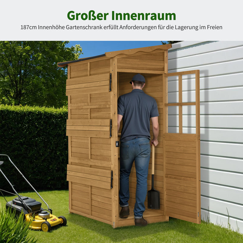 M MCombo Gartenschrank Gartenhaus Holz Wetterfest, Outdoor Schrank Wetterfest, Geräteschuppen Begehbar, für Außenbereich Balkon & Terrasse, Gerätehaus mit 3 feste Regale, 120×86×201 cm, 1753 (Natur)