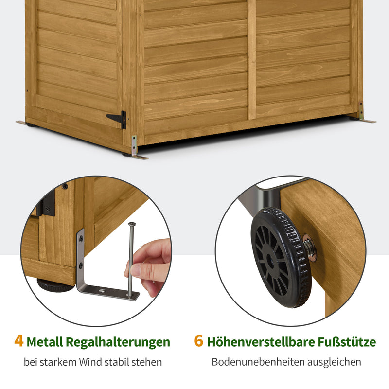 M MCombo Gartenschrank Gartenhaus Holz Wetterfest, Outdoor Schrank Wetterfest, Geräteschuppen Begehbar, für Außenbereich Balkon & Terrasse, Gerätehaus mit 3 feste Regale, 120×86×201 cm, 1753 (Natur)