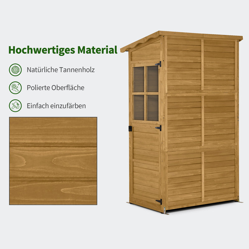 M MCombo Gartenschrank Gartenhaus Holz Wetterfest, Outdoor Schrank Wetterfest, Geräteschuppen Begehbar, für Außenbereich Balkon & Terrasse, Gerätehaus mit 3 feste Regale, 120×86×201 cm, 1753 (Natur)