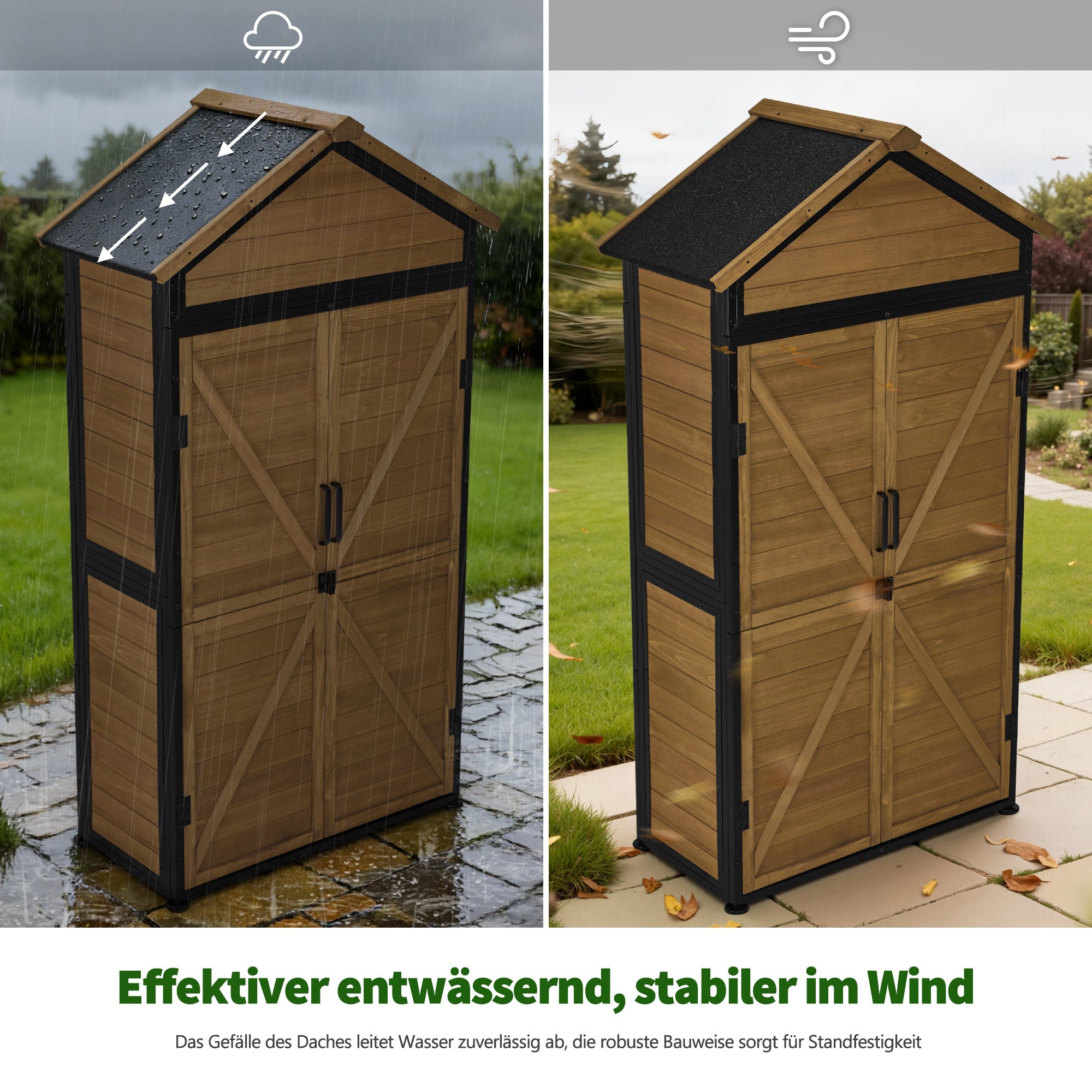 M MCombo Gartenschrank Gartenhaus Holz Metgallgestell Wetterfest, Gerätehaus Outdoor, für Außenbereich Garten Terrasse, Geräteschuppen mit 2 Bewegliche Regale, 45×90×165 cm, 2736