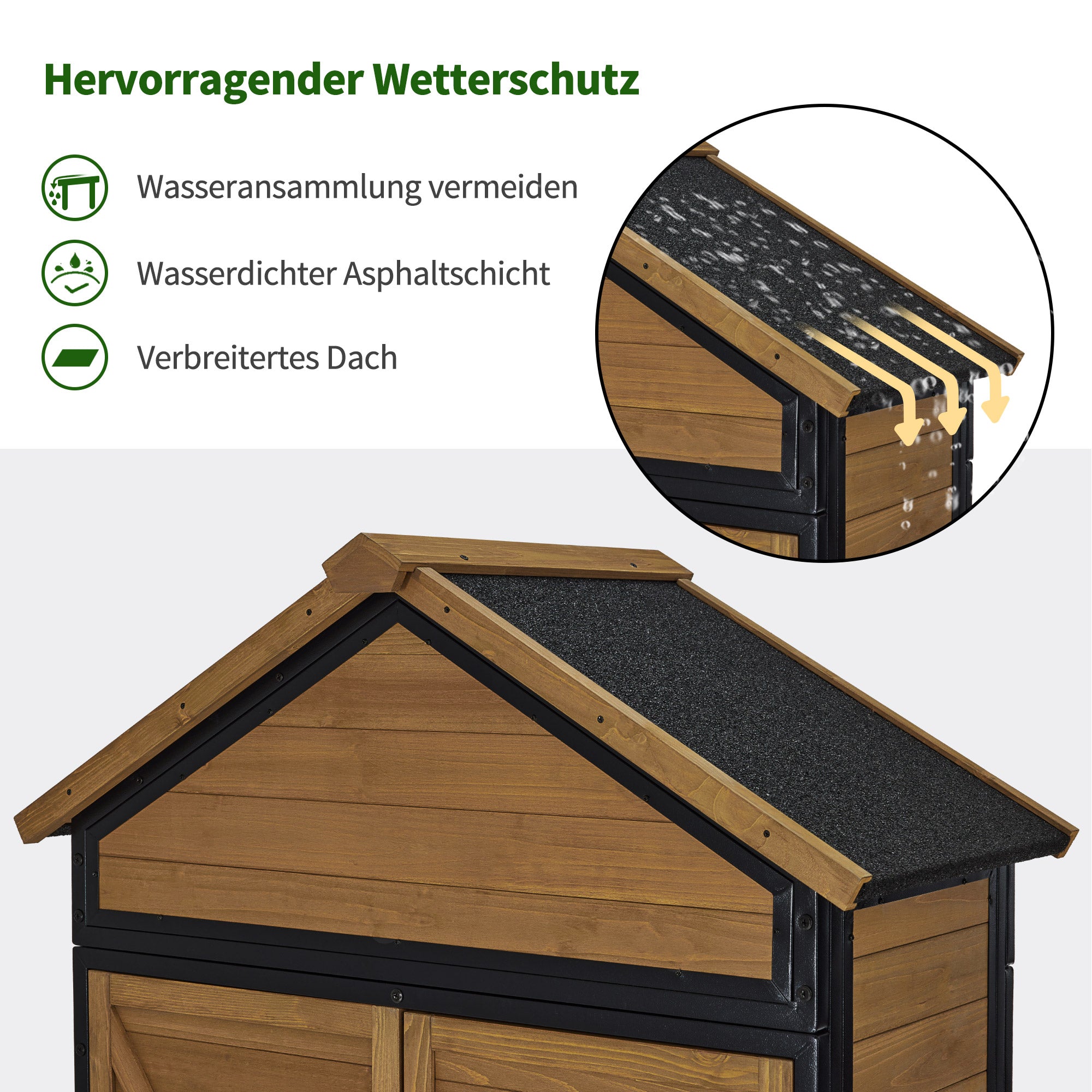 M MCombo Gartenschrank Gartenhaus Holz Metgallgestell Wetterfest, Gerätehaus Outdoor, für Außenbereich Garten Terrasse, Geräteschuppen mit 2 Bewegliche Regale, 45×90×165 cm, 2736