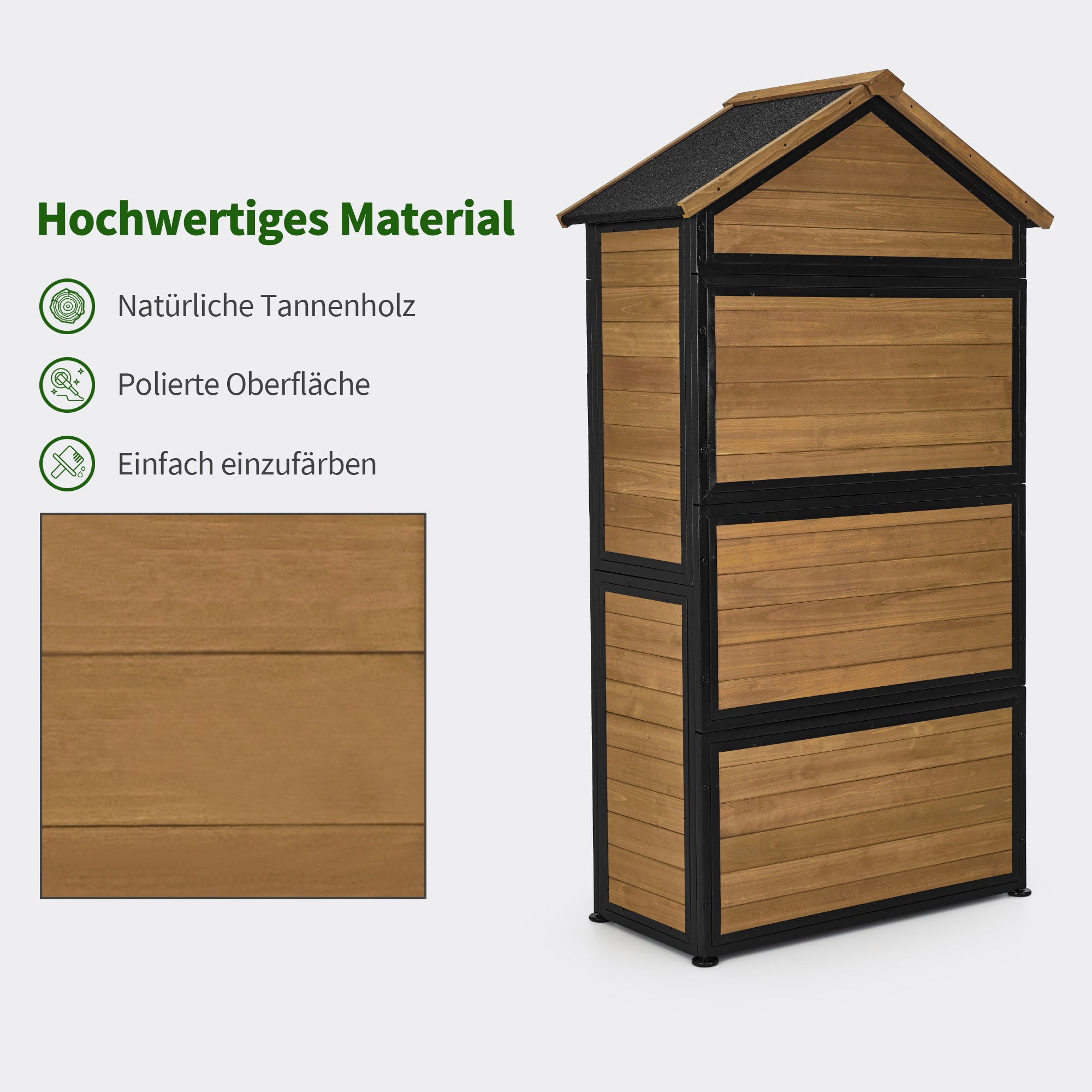 M MCombo Gartenschrank Gartenhaus Holz Metgallgestell Wetterfest, Gerätehaus Outdoor, für Außenbereich Garten Terrasse, Geräteschuppen mit 2 Bewegliche Regale, 45×90×165 cm, 2736