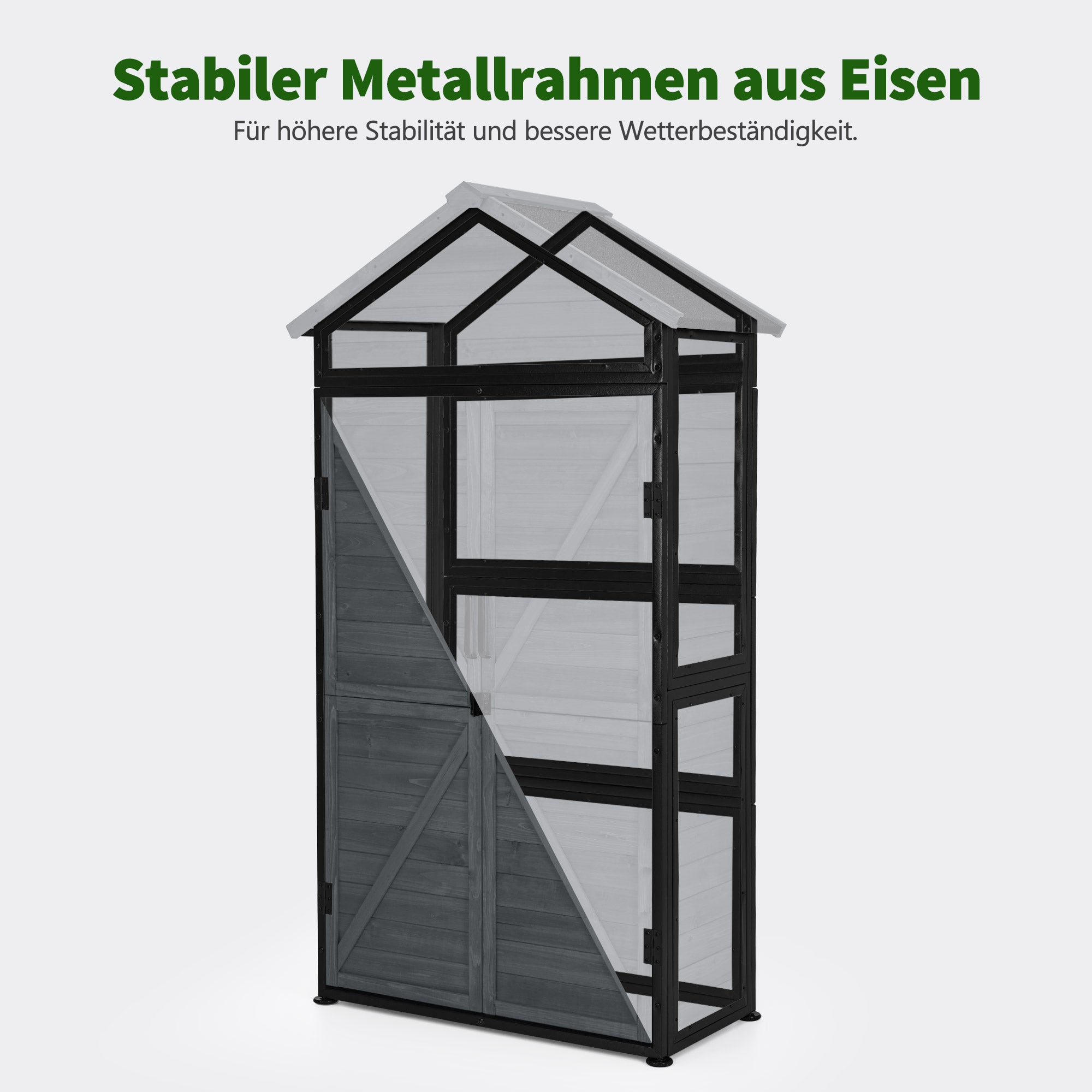 M MCombo Gartenschrank Gartenhaus Holz Metgallgestell Wetterfest, Gerätehaus Outdoor, für Außenbereich Garten Terrasse, Geräteschuppen mit 2 Bewegliche Regale, 45×90×165 cm, 2736